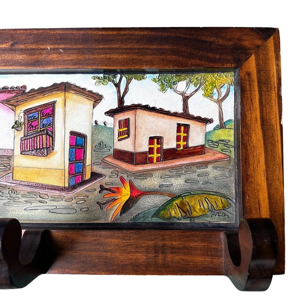 Mexican Coat Hook Wall Hanging 19x10 Inch Folk Art Painting‎ Wood Village Homes